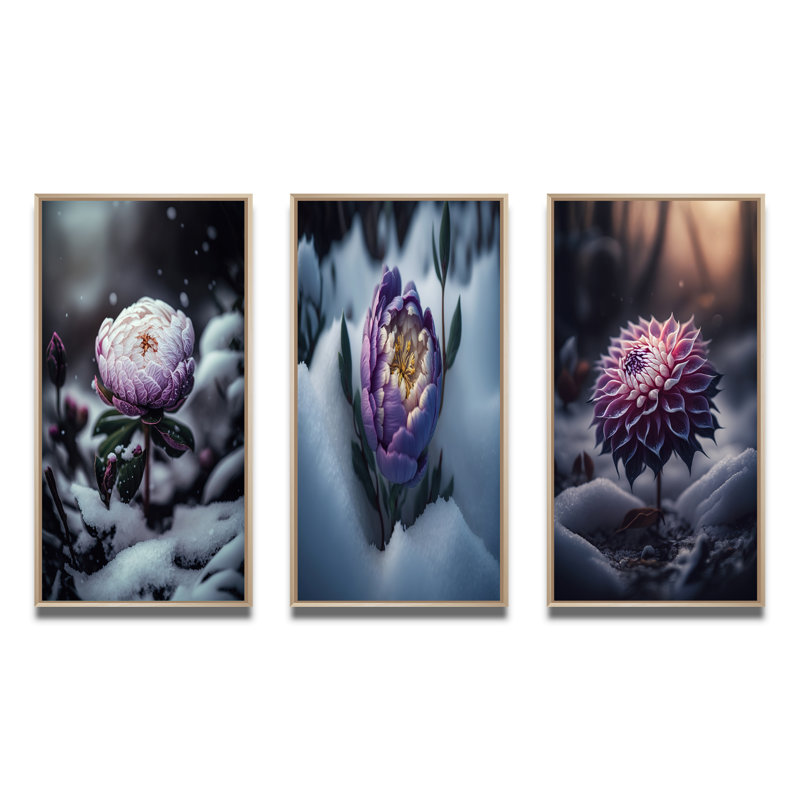 «A Blooming Puple Peony Flower in Winter», ensemble de 3 impressions, H 28 po x l 36 po, Cadre naturel flottant