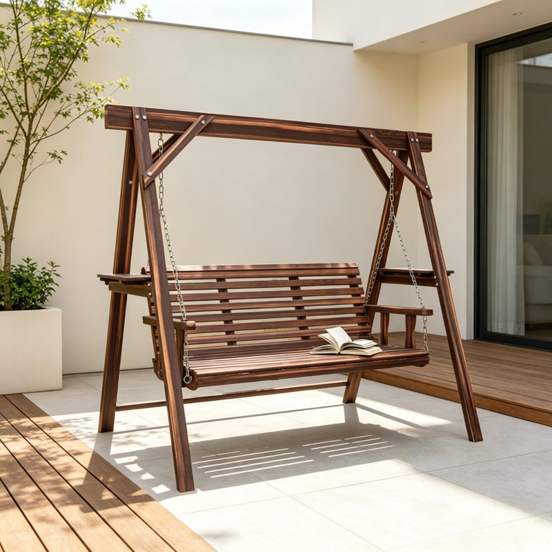 Balancelle de véranda en bois de sapin à 3 places avec tables d'appoint, banc de jardin d'extérieur réglable pour piscine, capacité de poids de 726 lb