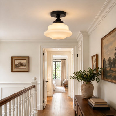 Buckminster 1-Light Vintage Schoolhouse Fluted Glass Semi Flush Mount Ceiling Light  for Hallway