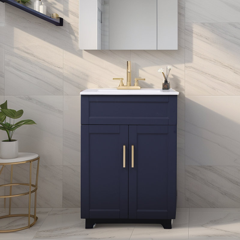 24" Modern Free Standing Single Bathroom Vanity With Ceramic Sink, Blue