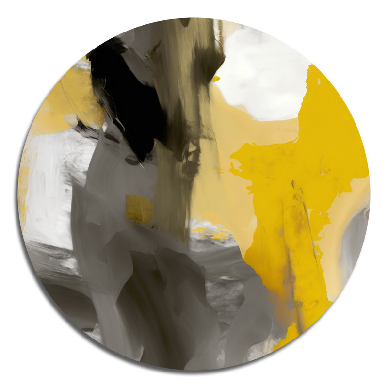 Jaune moutarde et gris vif II - Art abstrait rond en métal, H 36 po x l 36 po 