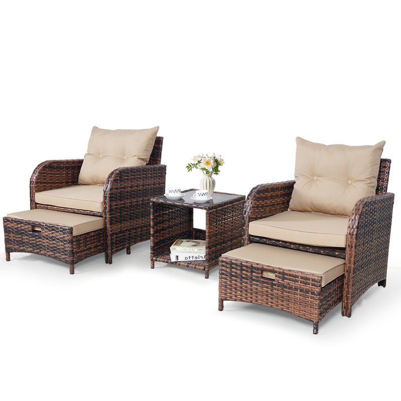 Beige Cushioned Brown Wicker 5-Piece Patio Conversation Set
