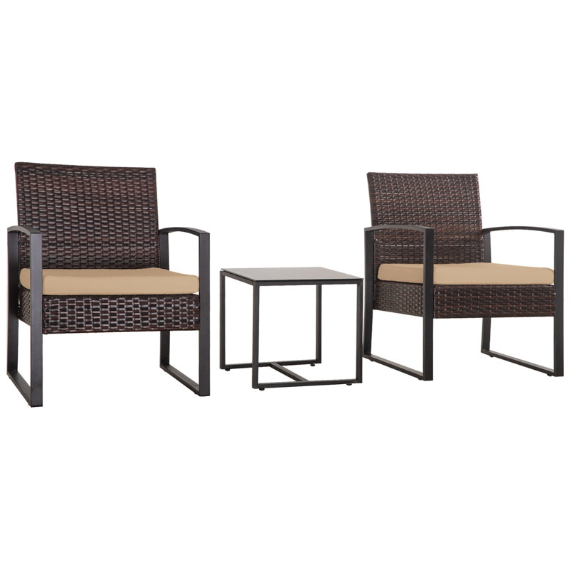 Ensemble de mobilier d'extérieur en osier 3 pièces avec structure en acier résistant à la rouille et coussins lavables, Brun