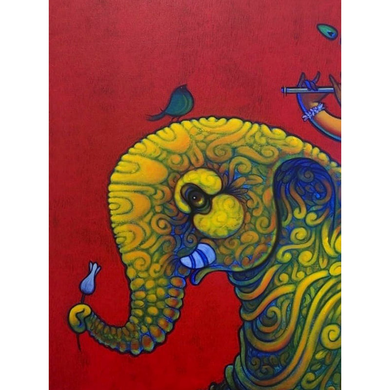 Bal Krishna avec éléphant | Acrylique sur toile | Par Ramesh Gujar