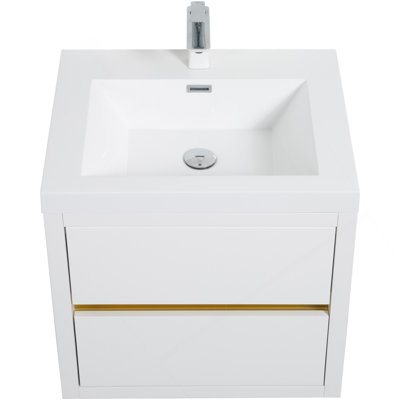 Meuble-lavabo mural 24 po avec lavabo, meuble de rangement flottant avec comptoir en résine de pierre et tiroirs à fermeture en douceur, blanc brillant