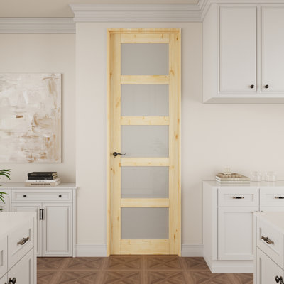 Interior 5‑Lite Pine Wood & Frosted Glass Door, Colonial Natural Solid Prehung Door, with Jamb Kit, Seal Strip, Right Hand Inswing, Black Hinges & Curve Handle, Unfinished & Paintable Door, for Pantry, Bedroom, Bathroom & Closet, 24"x 80"