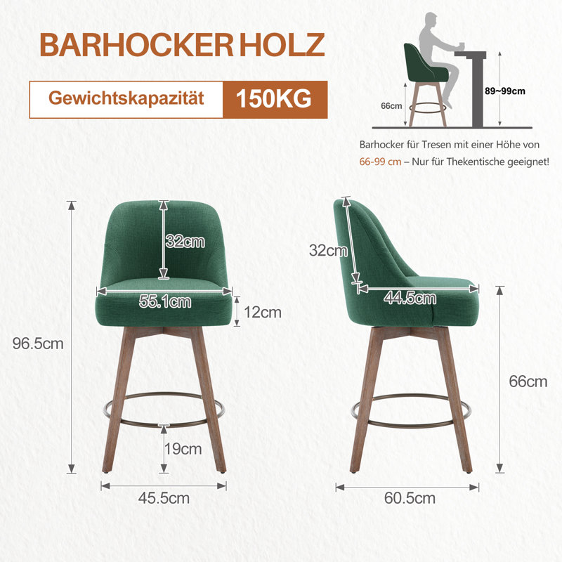 Swivel Upholstered Counter Stool with Solid Wood Frame, Green