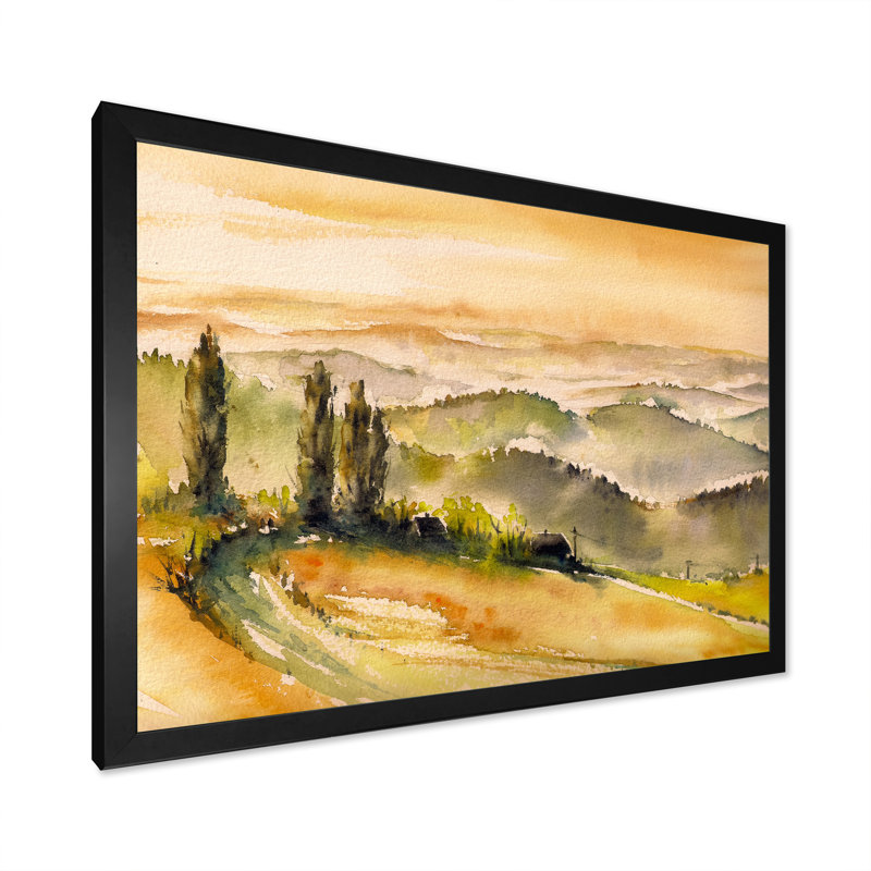 Paysage rétro avec vignobles - peinture sur toile, H 16 po x l 32 po, Cadre flottant noir