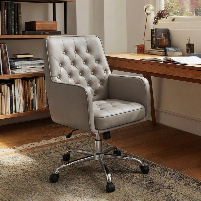 Button Tufted Faux Leather Office Task Chair with Padding, Khaki