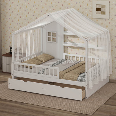Lit cabane au sol avec toit, rideaux et 2 tiroirs de rangement, lit cabane en bois avec barrières de sécurité et étagères, sommier non nécessaire
