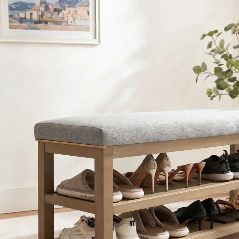 Banc de rangement avec coussin Mid-Century, Light Yellow Wood/Gray