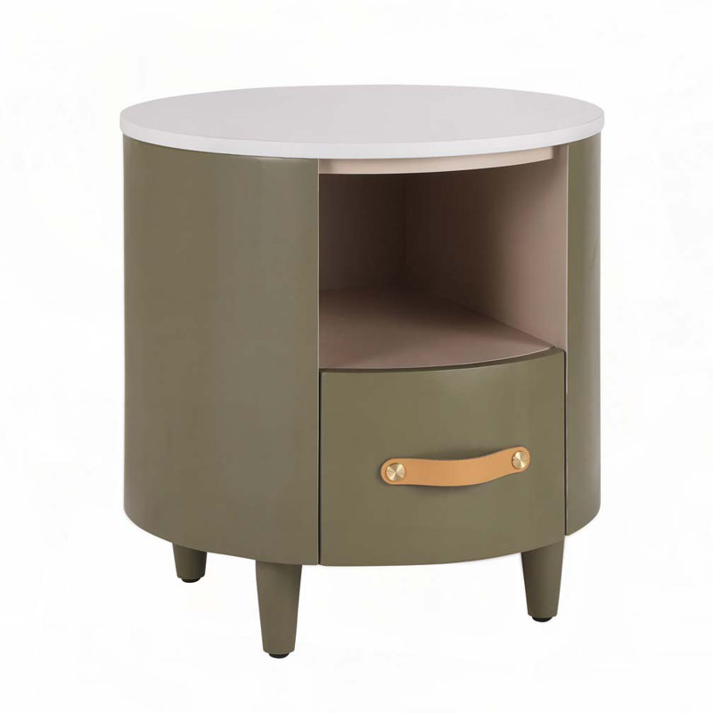 Round Nightstand with Storage Drawer, Green