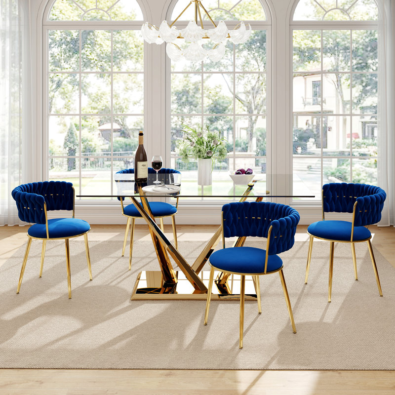 Ensemble de salle à manger à piédestal luxtury, 5 pièces: table, 4 chaises, Bleu, Doré