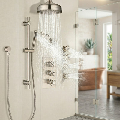 TJAMSA3805 1-Spray Patterns with 1.8 GPM 8 in. Wall Mount Dual Shower Heads, Hand Shower and 4 Body Sprays in Brushed Nickel