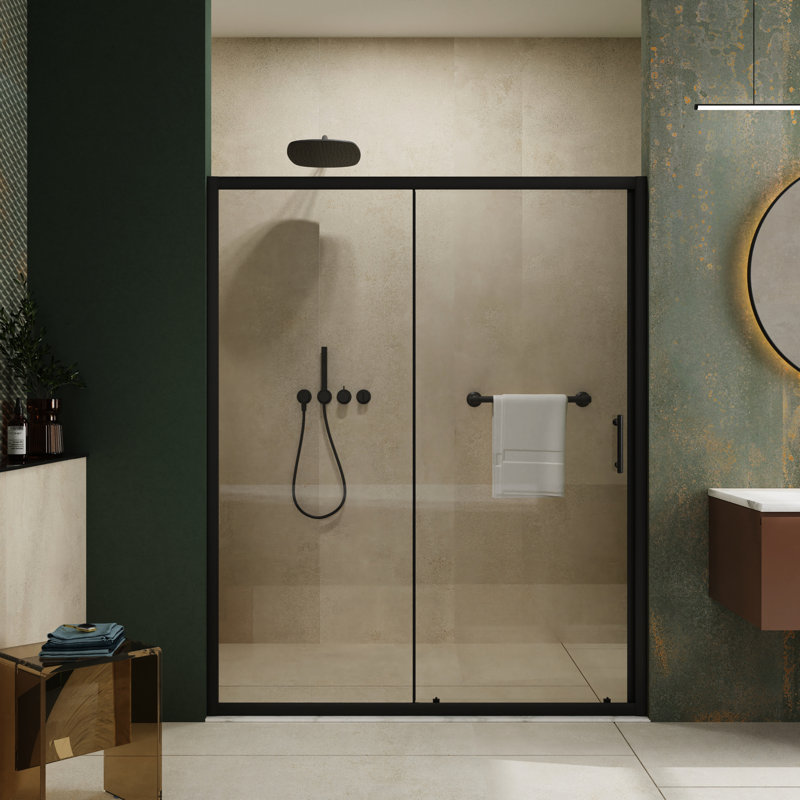 60 In Width X 72 Height Single Sliding Shower Door, 1/5" Thick Tempered Glass, Matt Black, Impressive Durability Black Frame, Stainless Steel Handle, Build