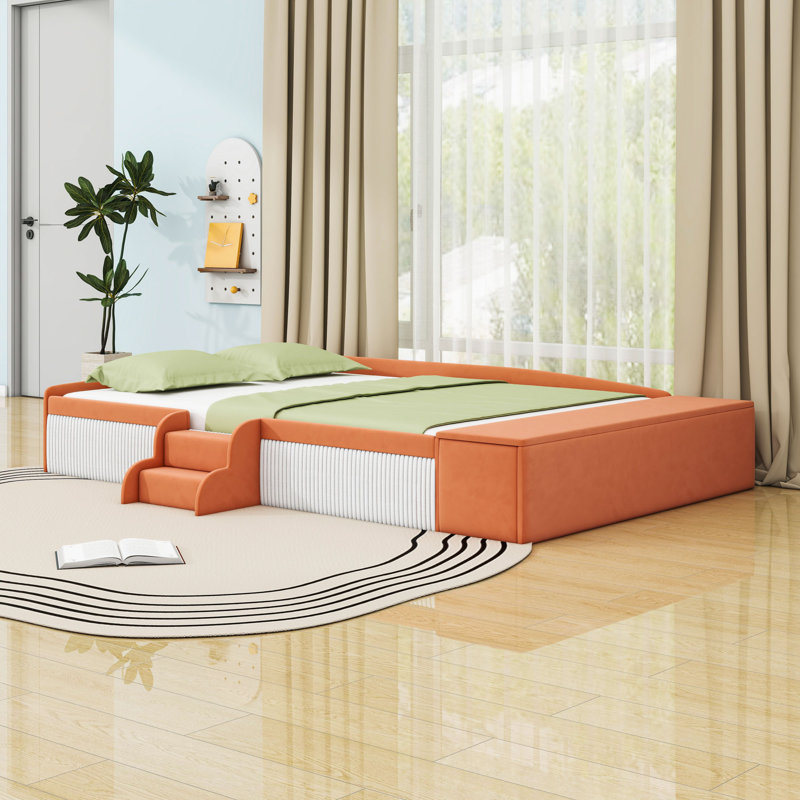Upholstered Platform Bed with Stairs, Side Storage Ottoman and Padded Guardrails, Lit double, Brun / Blanc