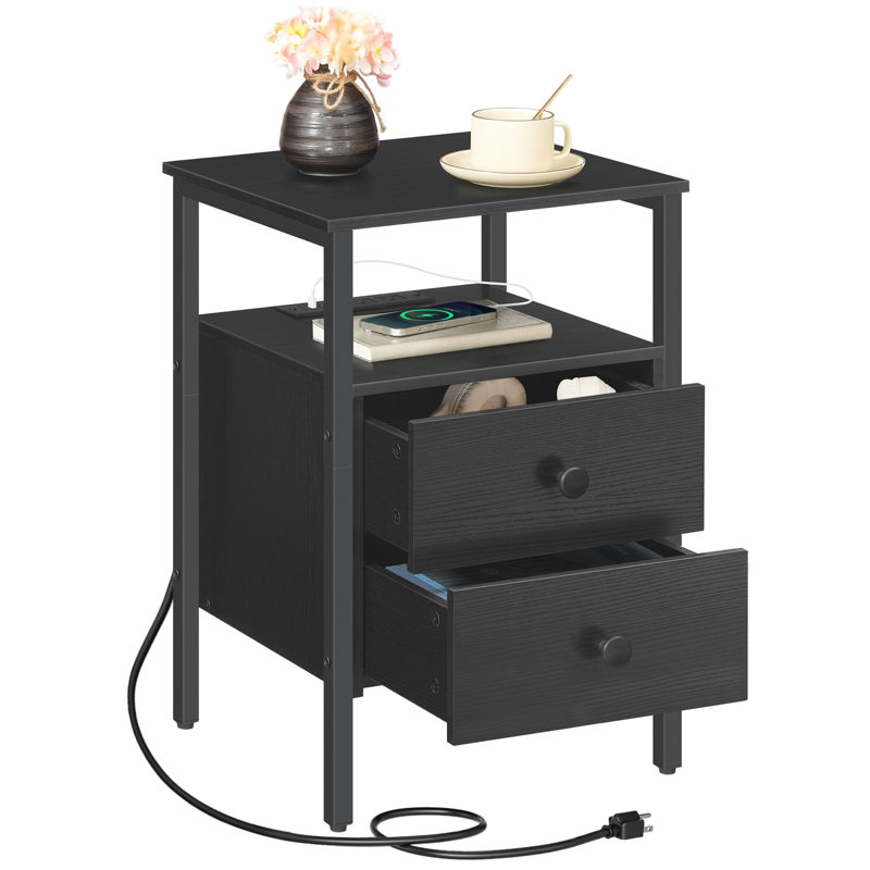 Pake 2 - Drawer 23.6" Tall Iron Nightstand with Storage and Built-In Outlets, Rustic Brown/Black, Individual