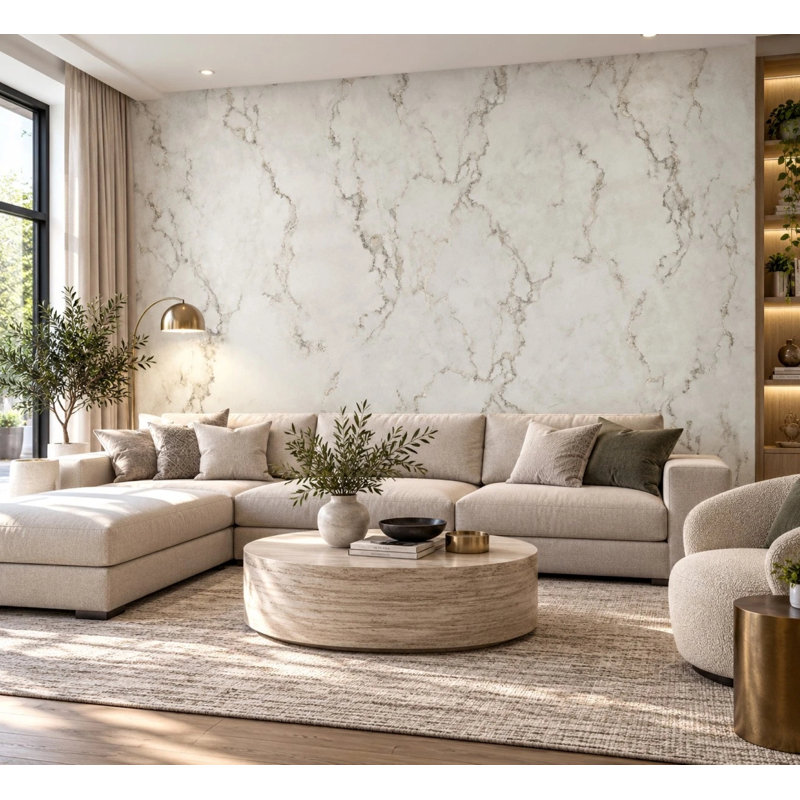 Papier peint moderne 3D effet marbre subtil, blanc cassé, gris doré et métallisé