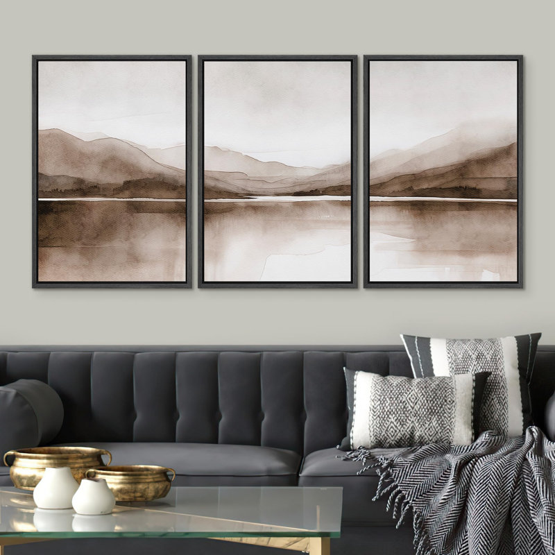 «Mountain Landscape Modern Minimalist Brown and Gray Watercolor Nature Wilderness Modern Cool», 3 pièces, Noir