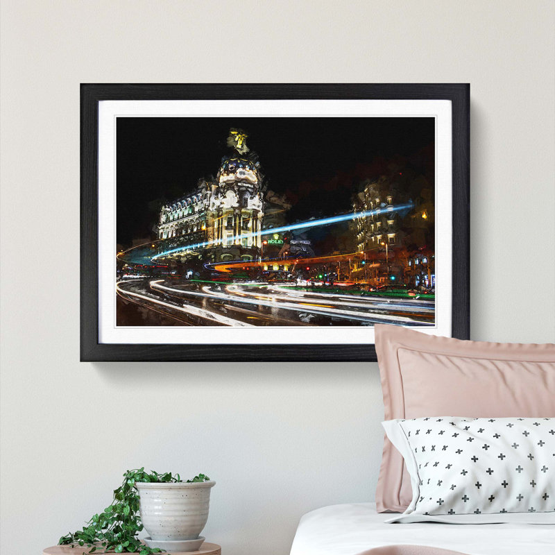 Nigh time in Madrid Spain in Abstract - Picture Frame Graphic Art Print, 48cm H x 65cm W x 2cm D, Black Framed