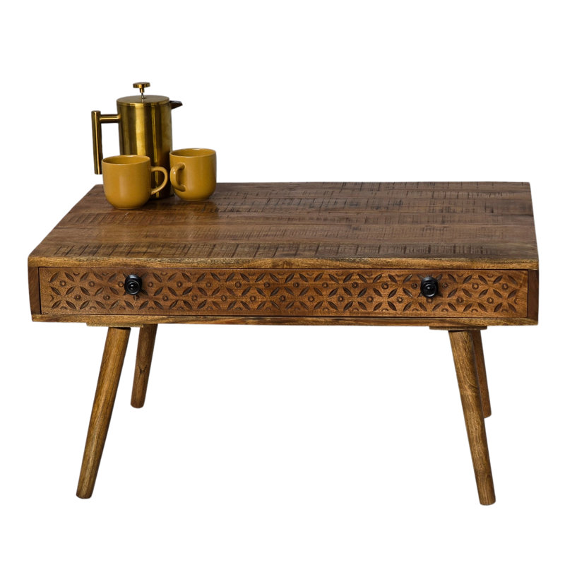  Solid Acacia Wood Coffee Table With Hand Carved Drawer 90x60cm