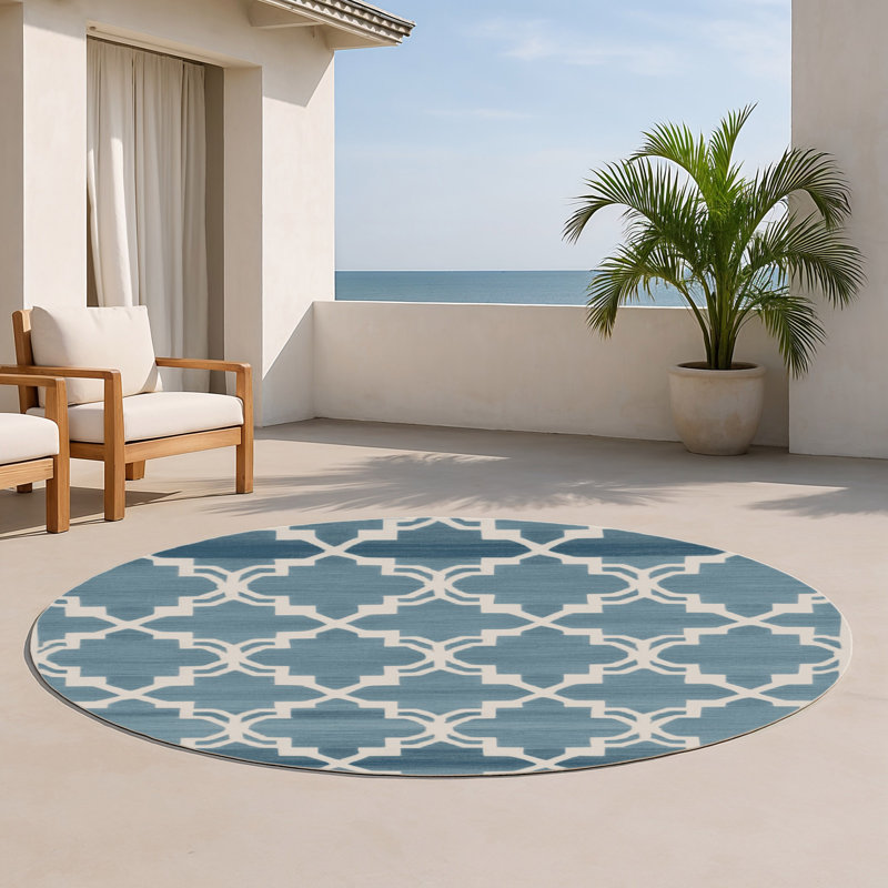 Tapis bleu intérieur et extérieur Trellis, Rond 5 pi