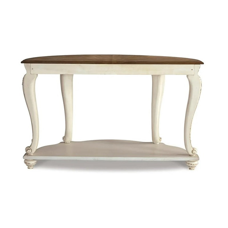 Realyn Demilune Sofa Table with Storage in Distressed White/Brown