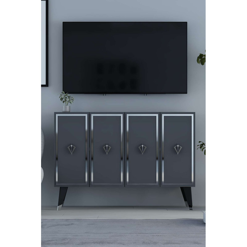 Console moderne, anthracite et argent, 47,2 po x 31,5 po x 11,6 po | 100% panneau de particules enduit de mélamine, épaisseur: 0,71 pouce | Support mural, tablettes multiples, design élégant pour le rangement du salon et du vestibule