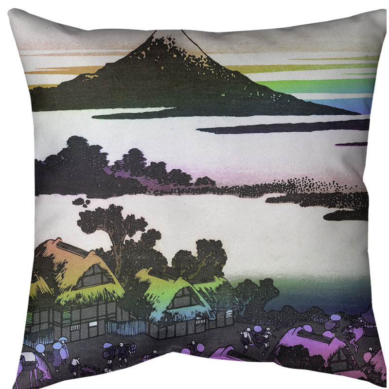 Coussin Katsushika Hokusai Dawn at Isawa dans la province de Kai, 18 po x 18 po, Arc-en-ciel, Polyester filé