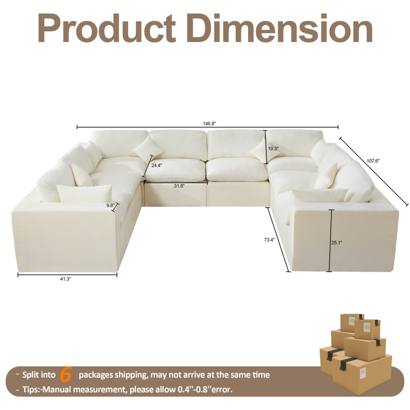 155'' Cloud Compression Sectional Couch, Beige Chenille