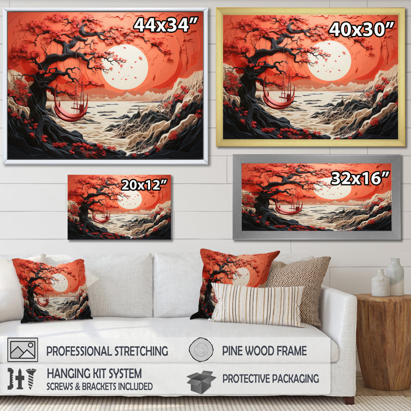 Japon Seaside Swing Papercut II - Coastal Ocean Canvas Wall Art, H 12 po x l 20 po x P 1 po, Cadre flottant noir