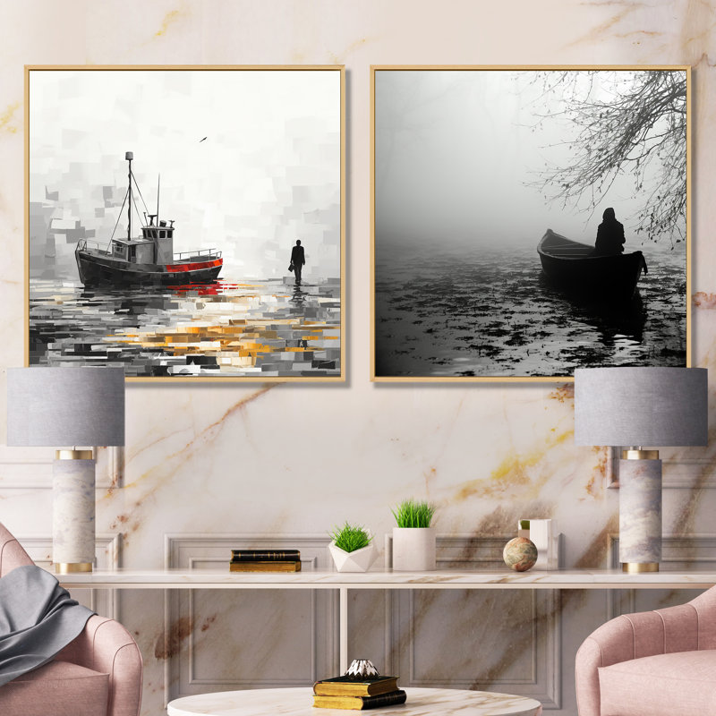«Grey Lonely Vessel Boating I» - ensemble d'art mural sur toile bord de mer, Cadre flottant brun