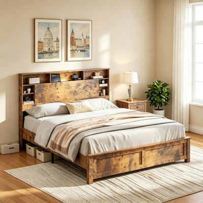 Base de lit double avec tête de lit, base de lit en bois avec station de charge et lumières DEL