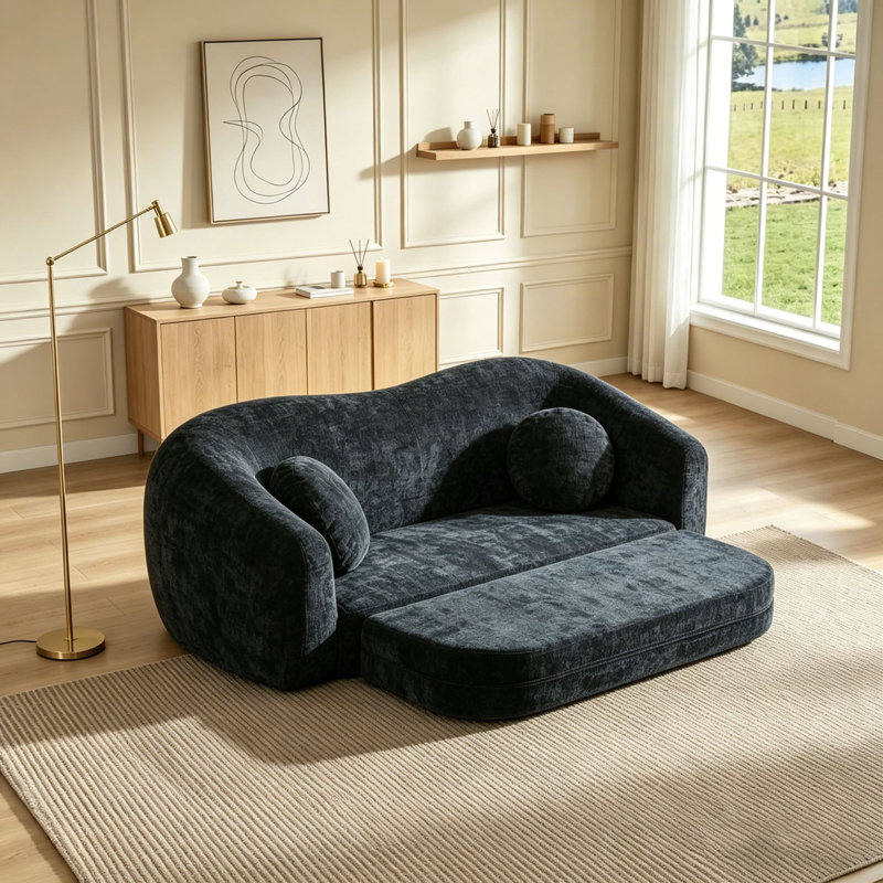 Canapé inclinable à compression courbée convertible, canapé-lit 2 en 1 escamotable, avec base escamotable et siège profond, comprend deux coussins, fauteuil inclinable en chenille deux places