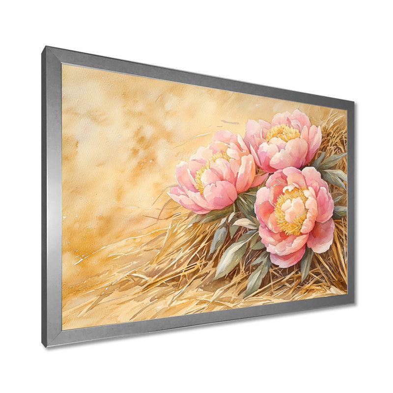 Jabus ferme pivoines le long de la botte de foin IV - pivoines, art mural, Reproduction encadrée d'une seule photo