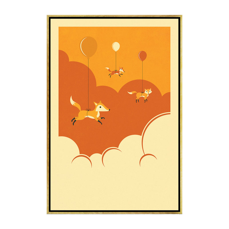 Volée de renards, art encadré, H 60 po x l 40po x P 1,5 po, Toile encadrée d'or