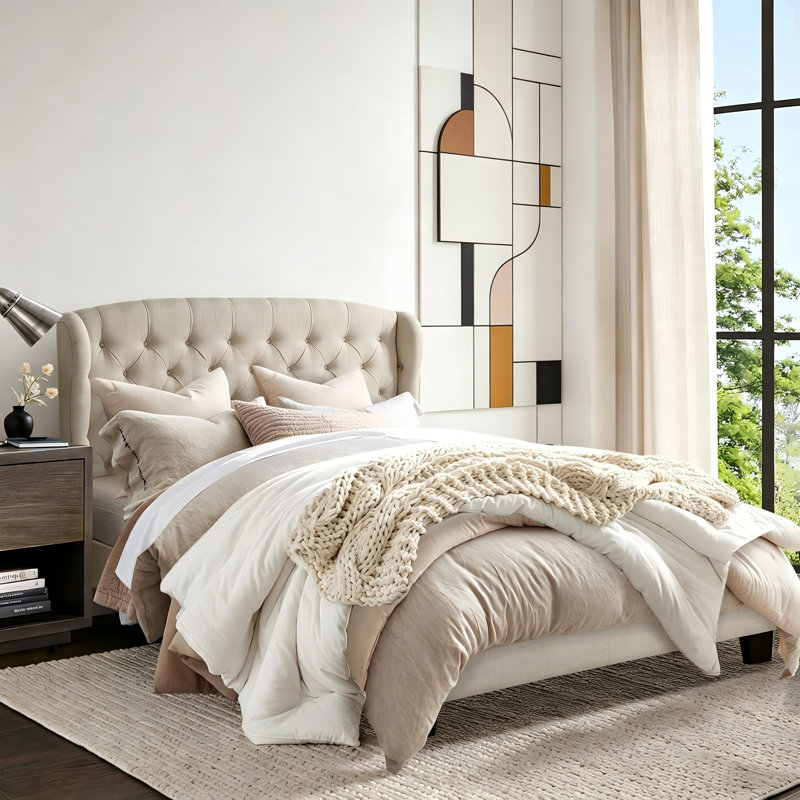Lit tapissier en tissu avec tête de lit capitonnée, cadre de lit à hauteur réglable - Lit plateforme moderne pour chambre à coucher