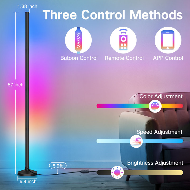 Lampe sur pied 65 po à intensité variable RVB Eskel avec télécommande et contrôle APP, Noir / mauve / bleu