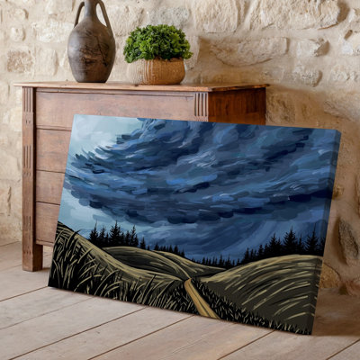 Toile, "Un paysage dramatique avec des nuages de tempête foncés tourbillonnants remplissant le ciel d'art mural, créant une atmosphère maussade en dessous", art mural