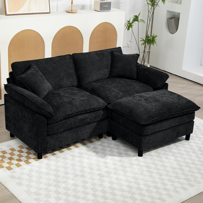 Canapé modulaire rembourré en L avec repose-pieds, H 34,6 po x l 80 po x P 57,8 po, Chenille noir