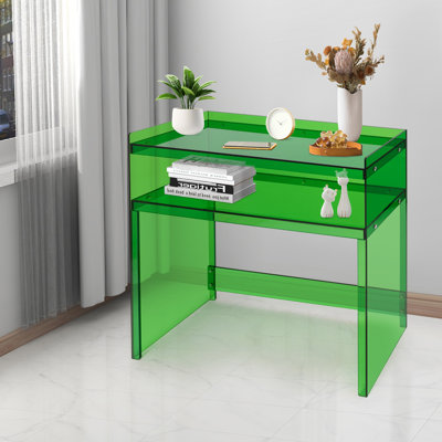 Bureau de table d'entrée rectangulaire 2 niveaux autoportant en acrylique avec tablettes ouvertes vert