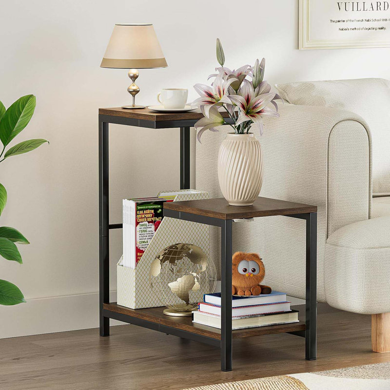 G-Shaped End Table - Small Side Table For Living Room, Bedside Table With Storage Shelf, Corner Tables For Small Spaces, Balcony, Couch, Bedroom, Rustic Brown