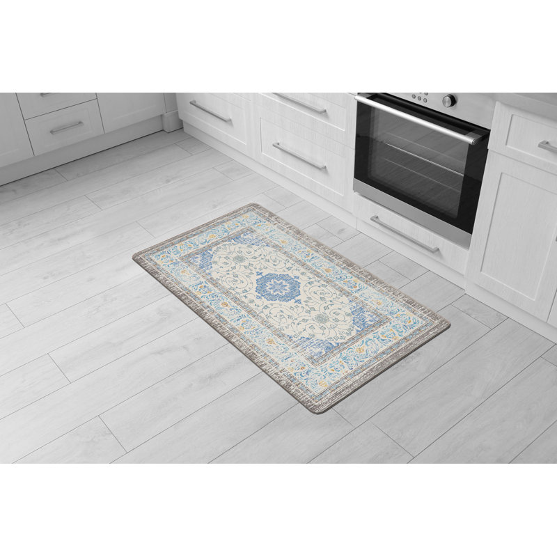 Anti-Fatigue Medallion Floral Blue/Ivory/Gray Mat, Rectangle 1'6" x 2'6"