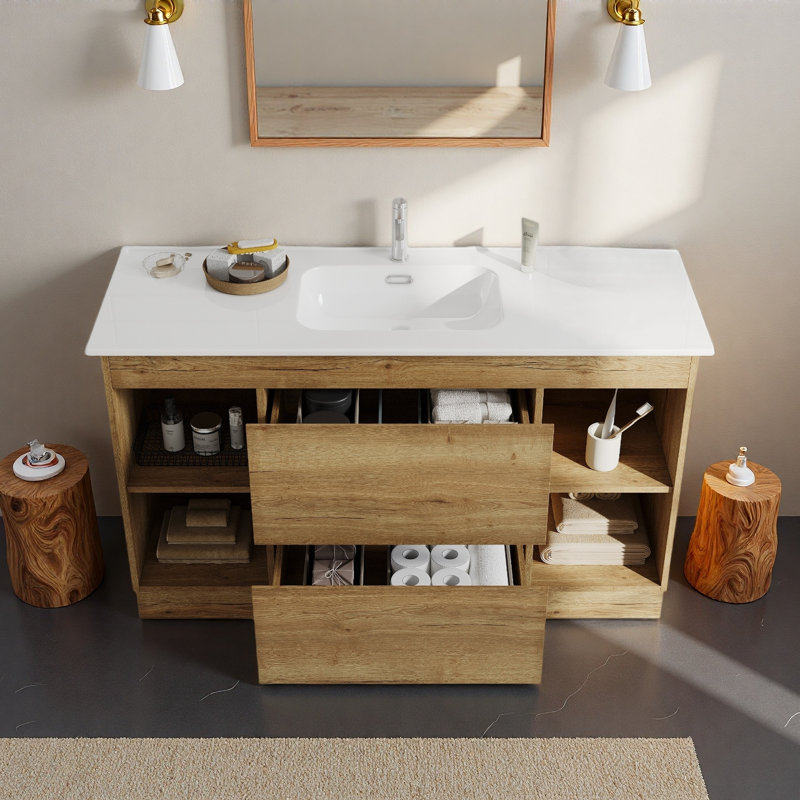 Meuble-lavabo moderne 47,65 po avec comptoir en faux marbre, lavabo en céramique, 2 tiroirs et 2 tablettes ouvertes