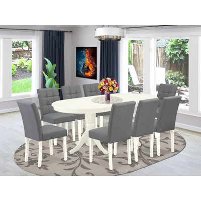 9 Piece Modern Dining Table Set Includes a Dining Table and 8 Platinum Gray Faux Leather Parson Dining Chairs with Stylish Back- Linen White
