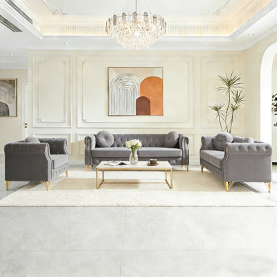 Velvet Chesterfield Sofa With Button Tufting, Single Seat + 2-Seater + 3-Seater Living Room Set, Modern Living Room Sofa
