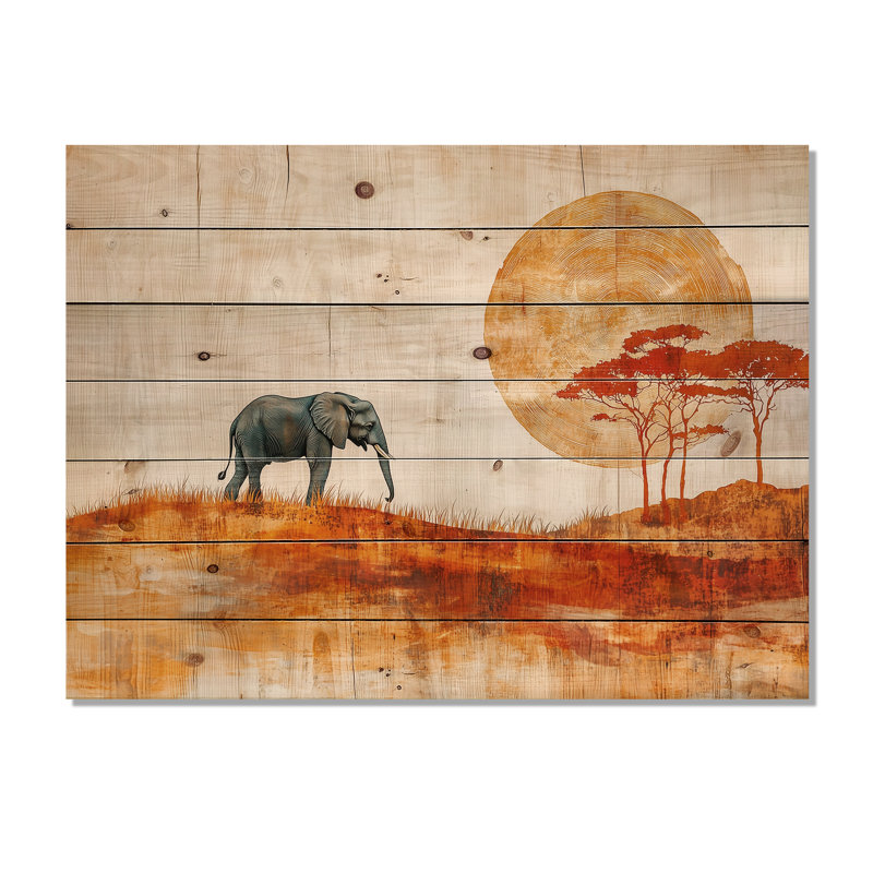 Éléphant esprit de la savane III - Éléphant, art mural en bois animal - sur bois de pin naturel, H 24 po x l 32 po