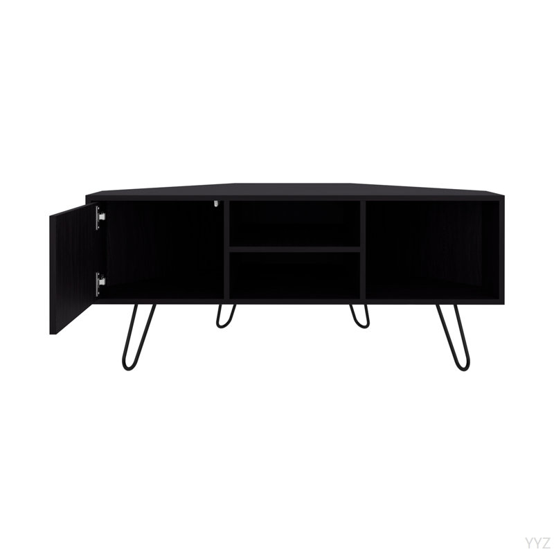 Meuble télé, 1 porte, 3 tablettes, 4 pieds, noir
