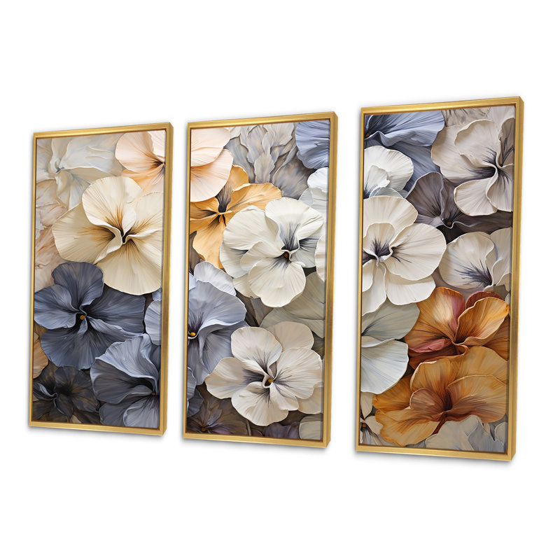 «Blue and Gold Minimalisme Pansy Delight I», ensemble d'impressions d'art mural, Cadre flottant doré