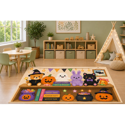 Tapis de chambre d'enfant ultra-léger 152 x 213 cm (5' x 7') avec tablette, motif fantôme, citrouille, ours en peluche, lapin et chat noir, idéal pour Halloween. Dos antidérapant en silicone.